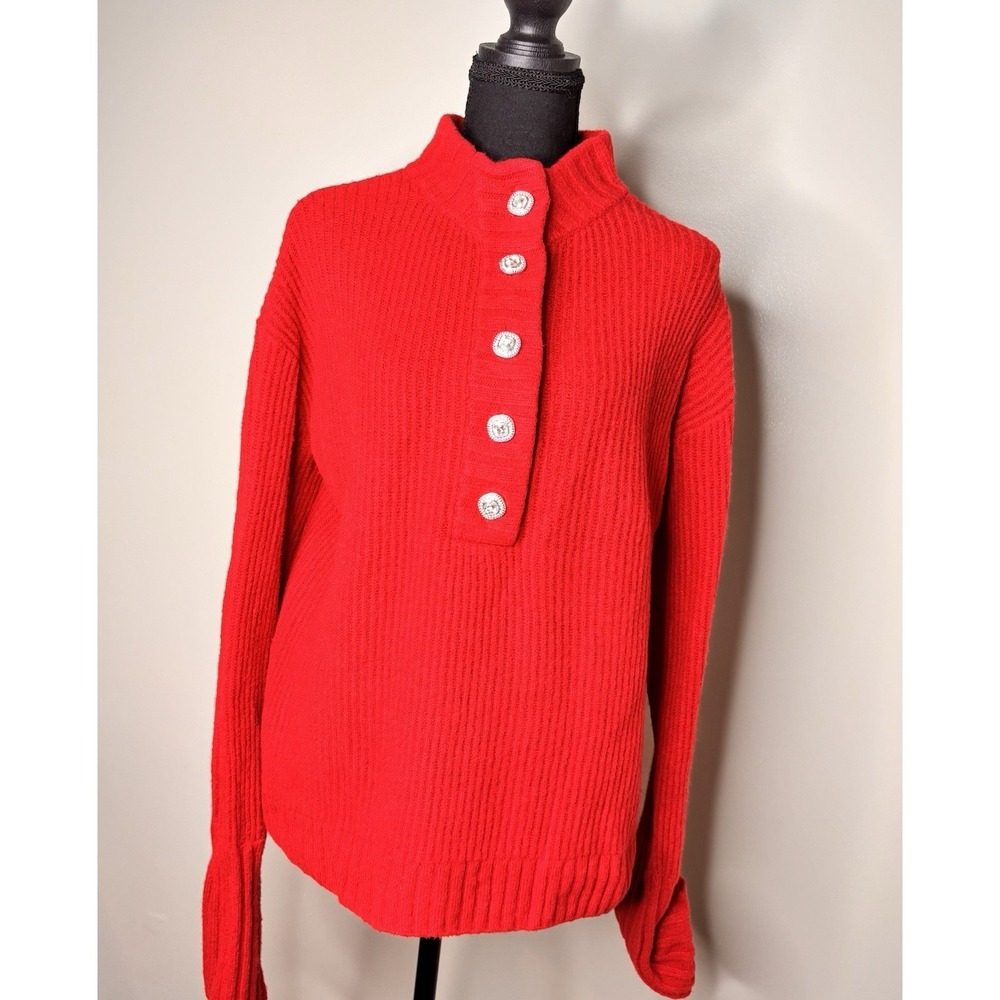 Talbots Red Ribbed Knit Sweater Jeweled Button Mock Neck Long Sleeve Size PM
